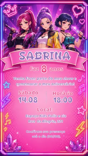 Convite Aniversário Guerreiras do Kpop Digital para Editar