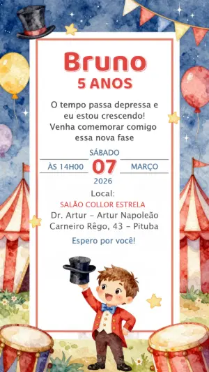 Convite de Aniversário Circo Mágico em Aquarela para Editar