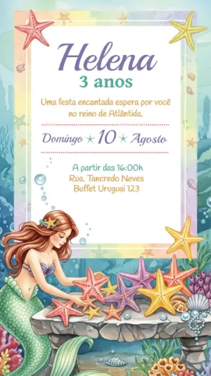 Convite de Aniversário Sereia Fundo do Mar para Editar