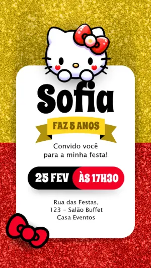 Convite Aniversário Hello Kitty com Glitter para Editar Online