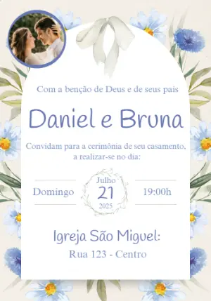 Convite de Casamento Floral Azul com Foto para Editar Online
