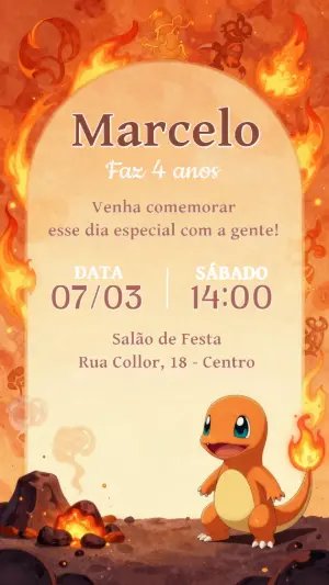 Convite de Aniversário Pokémon de Fogo Editável para Enviar
