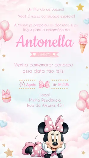 Convite de Aniversário Minnie Rosa Delicado para Editar