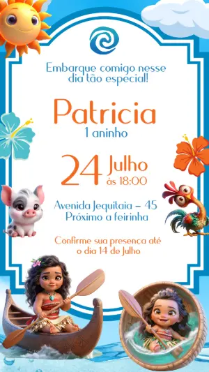 Convite de Aniversário Moana com Personagens para Editar Online