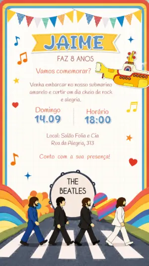 Convite de Aniversário The Beatles Editável Online