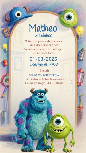 Vídeo Convite de Aniversário Monstros S.A. Editável