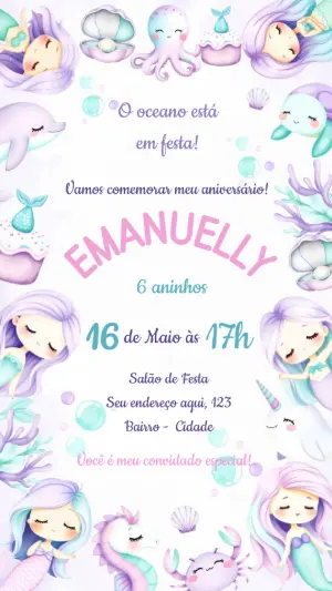 Convite de Aniversário Sereia Fofa Fundo do Mar Editável