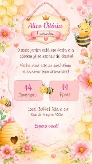 Convite de Aniversário Abelhinha Aquarela Editável