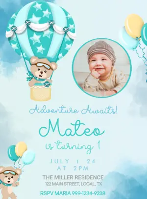 Editable Teddy Bear Hot Air Balloon 1st Birthday Invitation