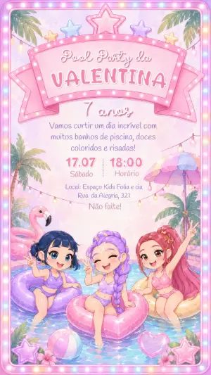 Convite Guerreiras K-pop Pool Party Editável para Aniversário