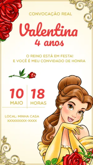 Convite Aniversário Bela e a Fera para Editar Online