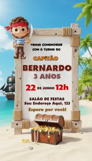 Convite de Aniversário Pirata Infantil 3D para Editar