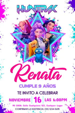 Invitación de Cumpleaños Las Guerreras K-Pop Modelo Editable