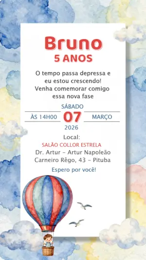 Convite de Aniversário Infantil Balão Aquarela Editável