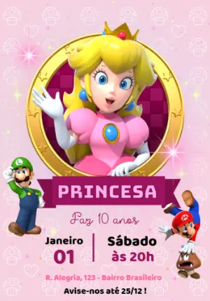 Convite de Aniversário Princesa Peach e Mario para Editar