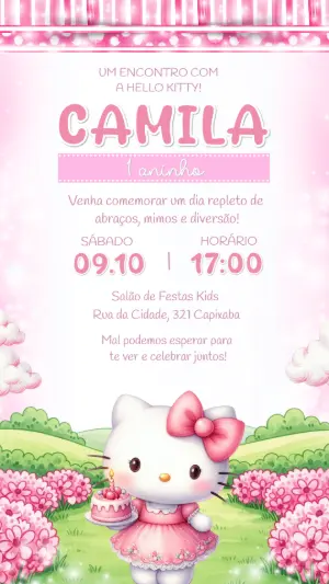 Convite Digital de Aniversário Hello Kitty Rosa para Editar