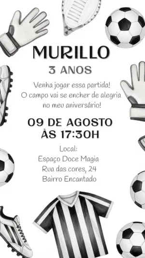 Convite de Aniversário Futebol Preto e Branco para Editar Online