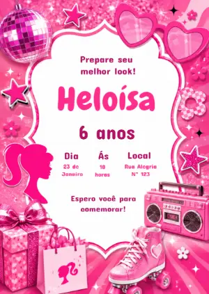 Convite de Aniversário Barbie Editável para Festa Rosa