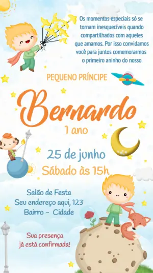 Convite de Aniversário Pequeno Príncipe com Balões de Estrelas para Editar