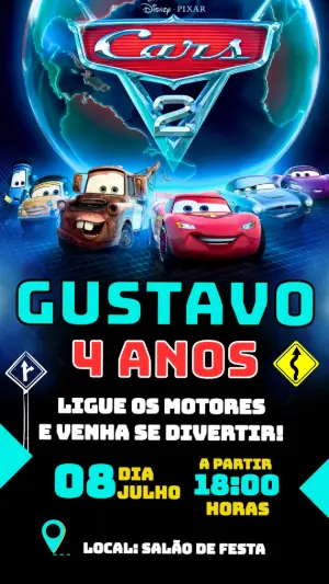 Convite de Aniversário Carros 2: Modelo Digital para Editar