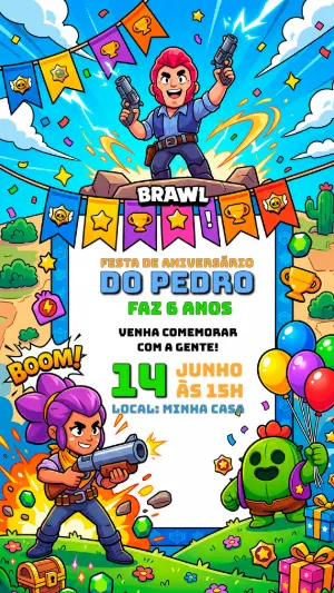 Convite de Aniversário Brawl Stars Colorido para Editar