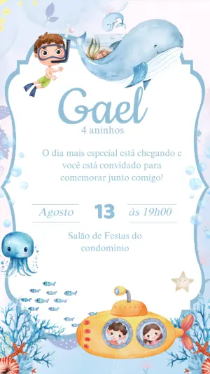 Convite Aniversário Fundo do Mar com Baleia para Editar
