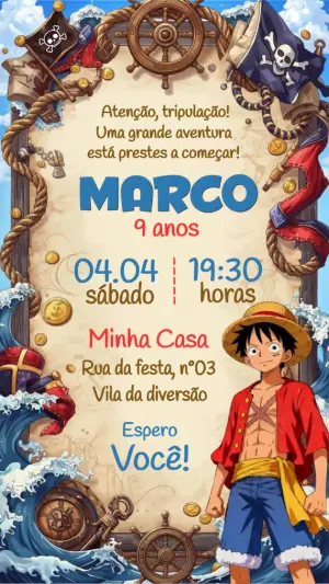 Convite de Aniversário One Piece Pirata | Modelo Editável