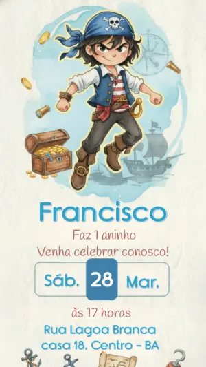 Convite de Aniversário Pirata Infantil Aquarela para Editar