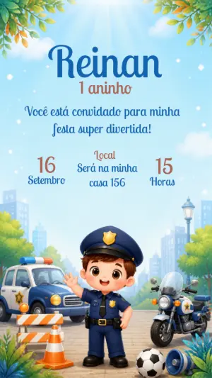 Convite de Aniversário Policial Infantil Editável