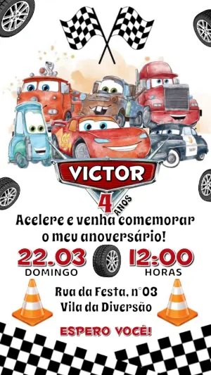 Convite de Aniversário Carros: Modelo Editável com Tema de Corrida