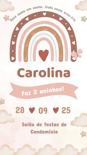 Convite de Aniversário Arco-íris Boho Menina Editável