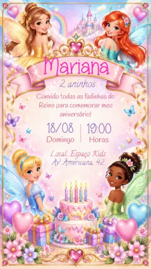 Convite Aniversário Fadas no Reino para Menina Editável