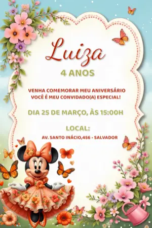 Convite Aniversário Minnie Jardim Floral para Editar Online