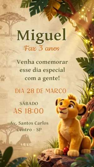 Convite Digital Aniversário Infantil Tema Rei Leão para Editar