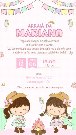 Convite de Festa Junina Infantil Meninas Caipirinhas Editável