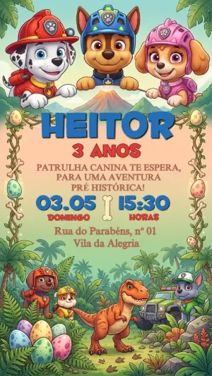 Convite de Aniversário Patrulha Canina Dino Editável