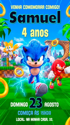 Convite Digital Editável Aniversário do Sonic e Amigos