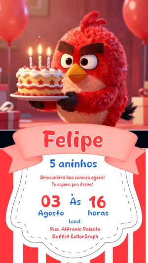 Convite de Aniversário Angry Birds Vermelho para Editar