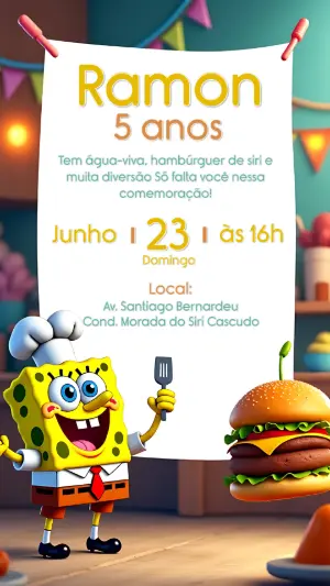 Convite de Aniversário Bob Esponja para Editar Online