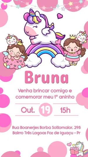 Convite de Aniversário Unicórnio Fofo Rosa para Editar