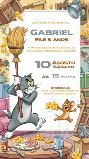 Convite de Aniversário Tom e Jerry para Editar Online