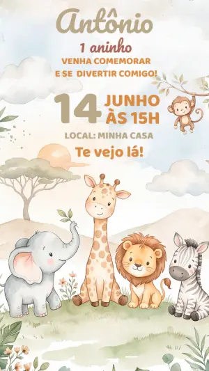 Convite de Aniversário Safari Baby Aquarela Editável