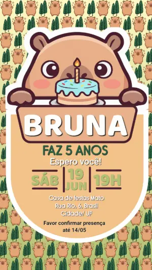 Convite de Aniversário Capivara Fofo Modelo Editável