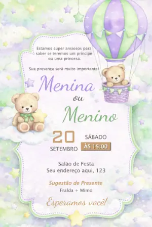 Convite Chá Revelação Ursinhos no Balão Aquarela Editável