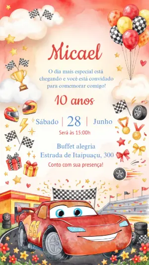 Convite Aniversário Carros  Aquarela Editável