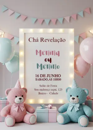 Convite Chá Revelação Ursinhos Azul e Rosa para Editar Online
