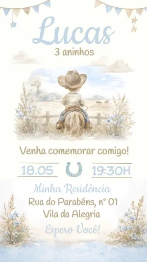 Convite de Aniversário Cowboy Aquarela para Editar