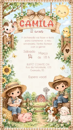 Convite de Aniversário Fazendinha Aquarela para Editar