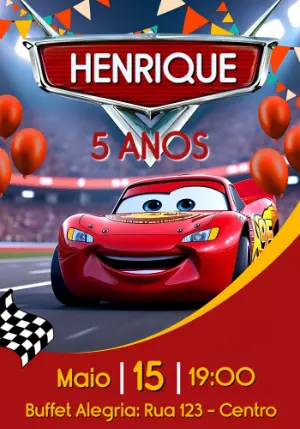 Convite Digital Carros: Modelo Editável Tema Relâmpago Mcqueen