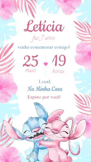 Convite Aniversário Stitch e Angel para Editar Online